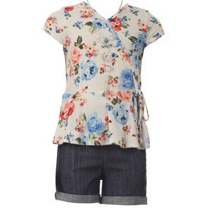 Little Toddler Girls 3 Pieces Girls Floral Flower Blouse Top Short Denim Pants